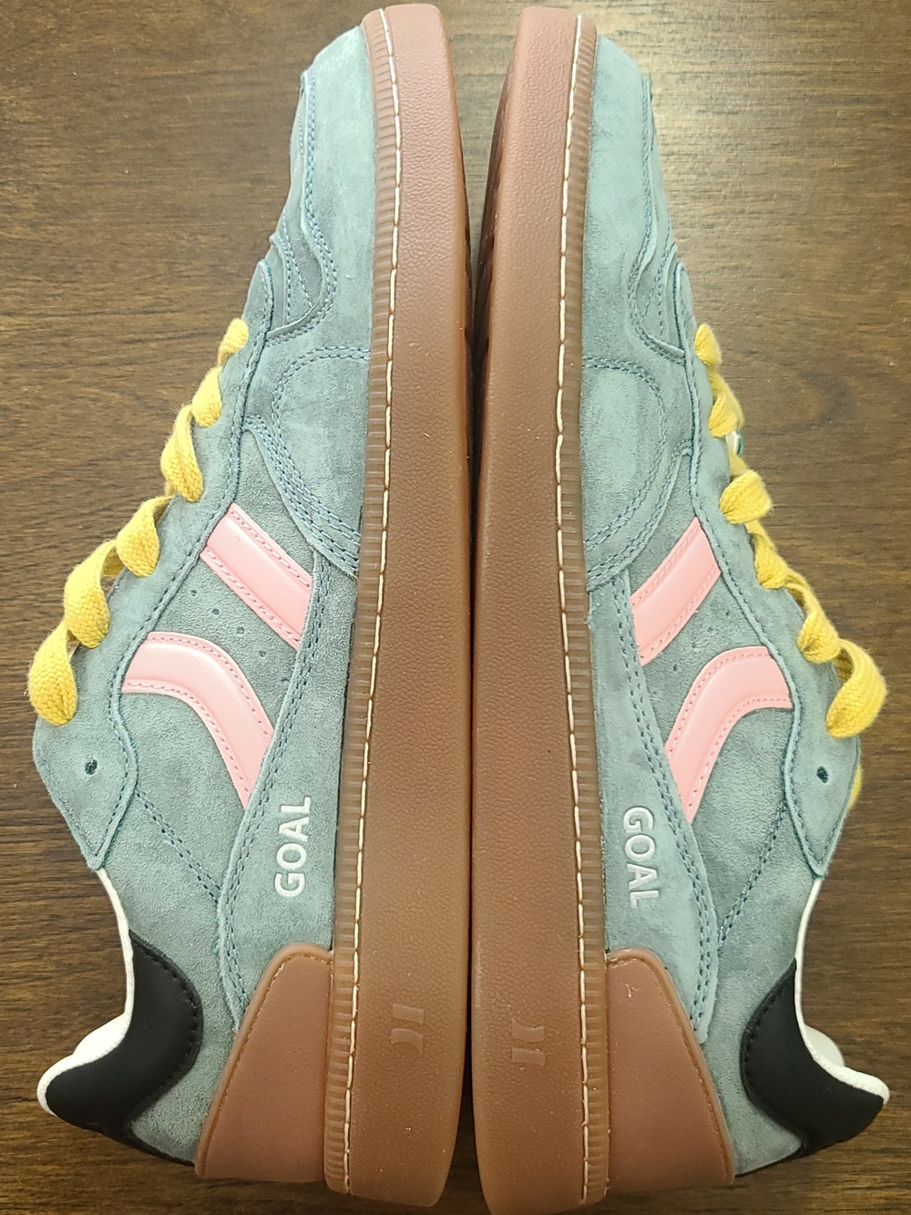Coolway Goal Low Top Suede Sneakers Green/Pink Yellow Laces Gum Sole Women's